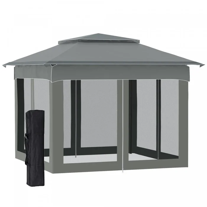 11’x11′ Pop Up Canopy 2-tier Soft Top Gazebo W/ Mesh Netting, Dark Grey|Outsunny Auvent De Tonnelle Escamotable 11’x11′ Avec Sac De Transport, Gris