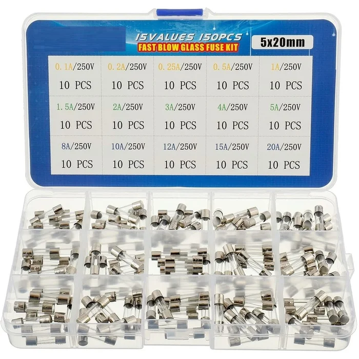 15 Values 150 pcs Fast Blow Glass Fuses Assortment Kit 5×20 mm 250 V 0.1 0.2 0.25 0.5 1 1.5 2 3 4 5 8 10 12 15 20 A packag in a Clear Plastic Box