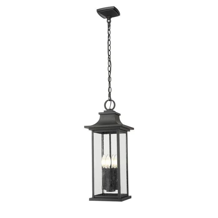4 light outdoor chain mount ceiling fixture in black finish
