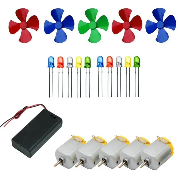 5Pcs 3V to 9V DC Flat Small Size Toy Motor with Multi Color 5 Pcs Toy Motor Fan and 10 PC LED and 1 PC AA 2 Cell Battery Holder with On Off Switch (Multicolor)
