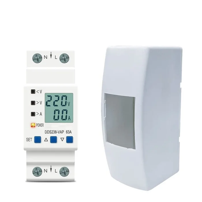 63A 230V Digital Energy Meter with Over/Under Voltage Protection, Over Current/Load Protection, and DIN Rail Mount