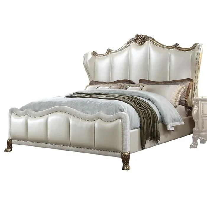 Acme Furniture Dresden II King Bed in Pearl White PU & Gold Patina 27817EK EST SHIP TIME APPX 4 WEEKS