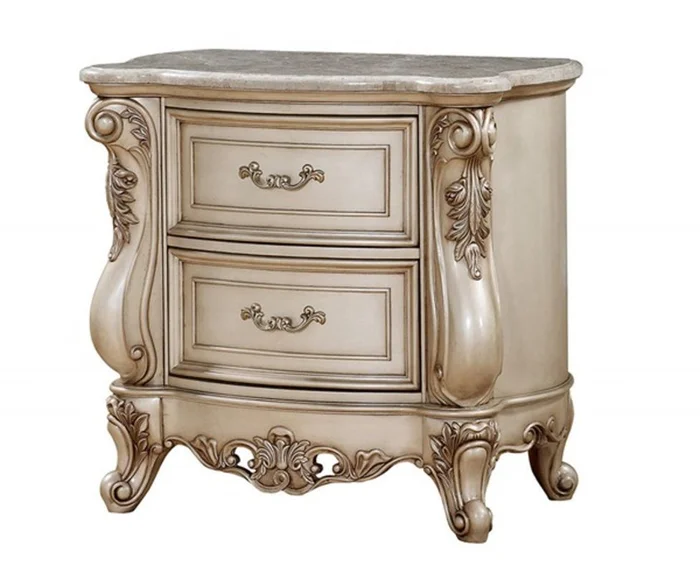 Acme Gorsedd Nightstand with Marble Top in Antique White 27443 EST SHIP TIME APPX 4 WEEKS