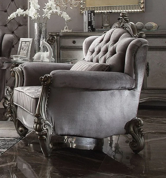 Acme Versailles Chair with 1 Pillows in Velvet & Antique Platinum 56842 EST SHIP TIME APPX 4 WEEKS