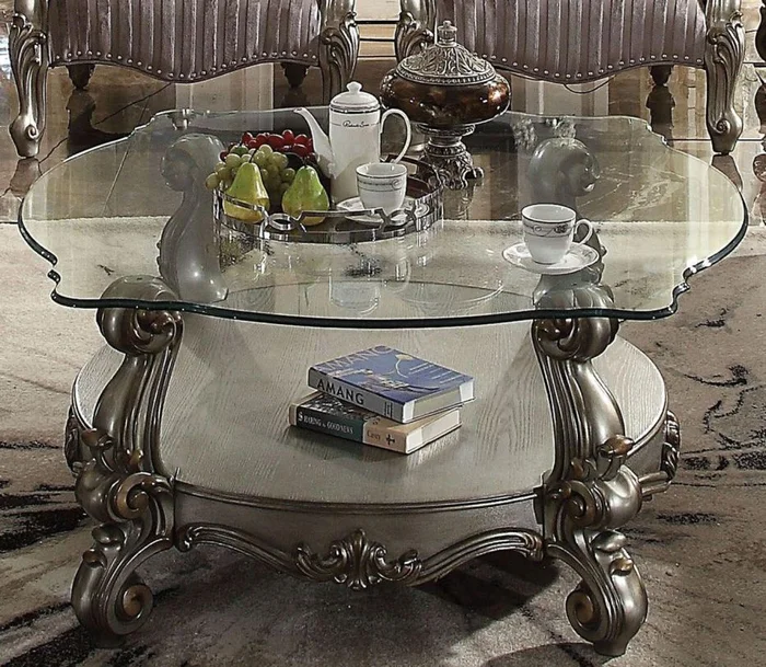 Acme Versailles Coffee Table in Antique Platinum & Clear Glass 86845 EST SHIP TIME APPX 4 WEEKS