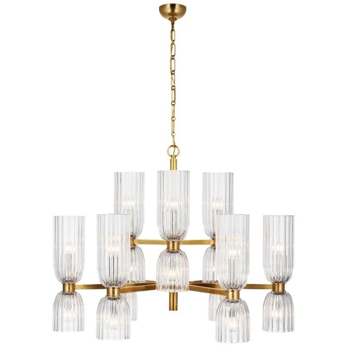 AERIN Asalea Medium Two-Tier Chandelier in Hand-Rubbed Antique Brass with Clear Glass Ceiling Light W34″ x H27.5″