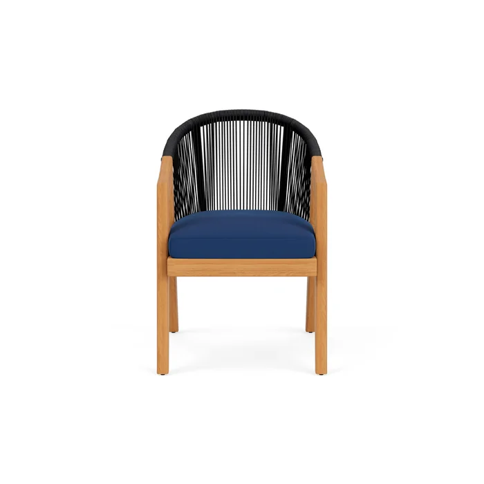 alpine dining armchair in natural teak finish with flagship lapis fabric grade b