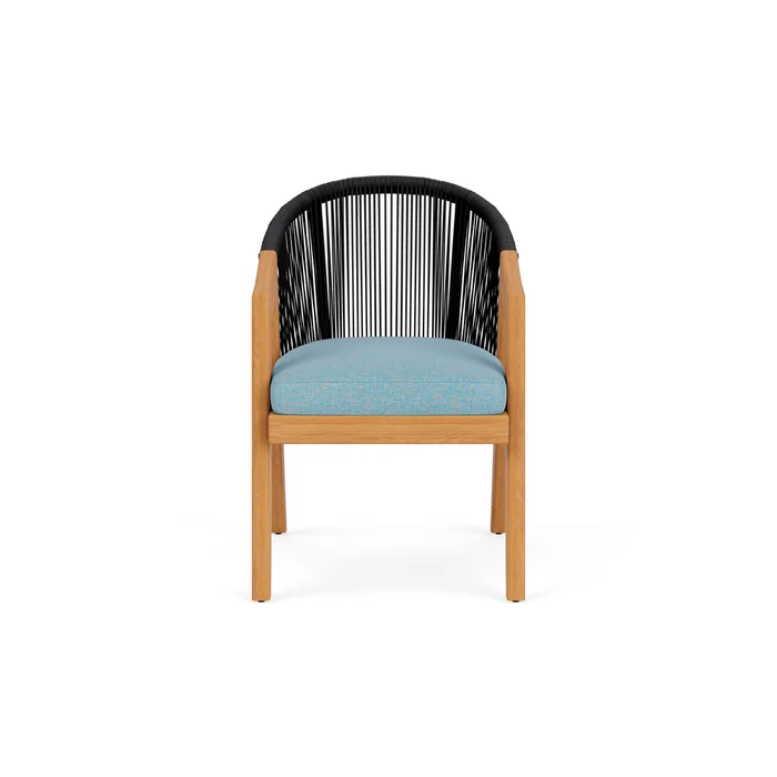 alpine dining armchair in natural teak finish with leeds light blue fabric grade a
