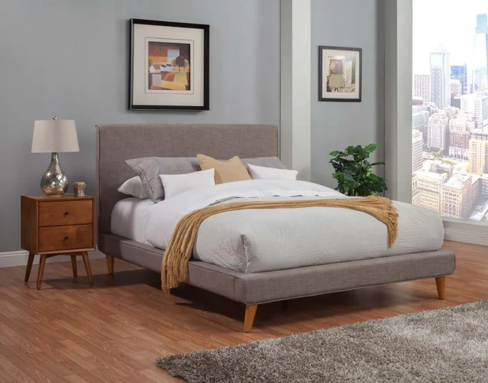 Alpine Furniture Britney and Flynn 4-Piece Upholstered Platform Bedroom Set in Dark Grey and Acorn PROMO