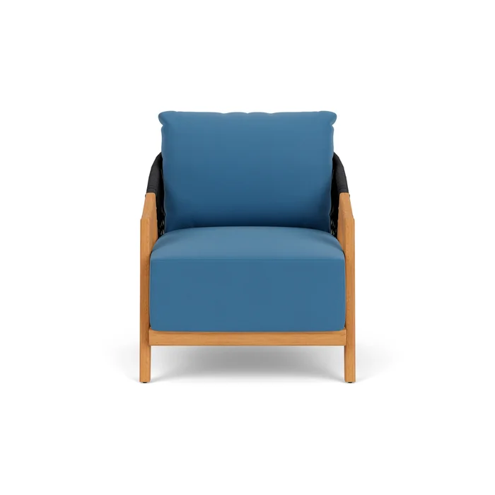 alpine lounge chair in natural teak finish with bamboo bay sky fabric grade a