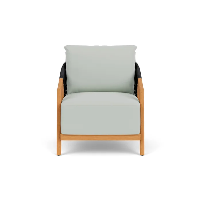 alpine lounge chair in natural teak finish with callen celadon fabric grade b