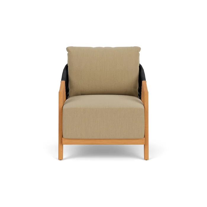 alpine lounge chair in natural teak finish with loveboat saffron fabric grade a