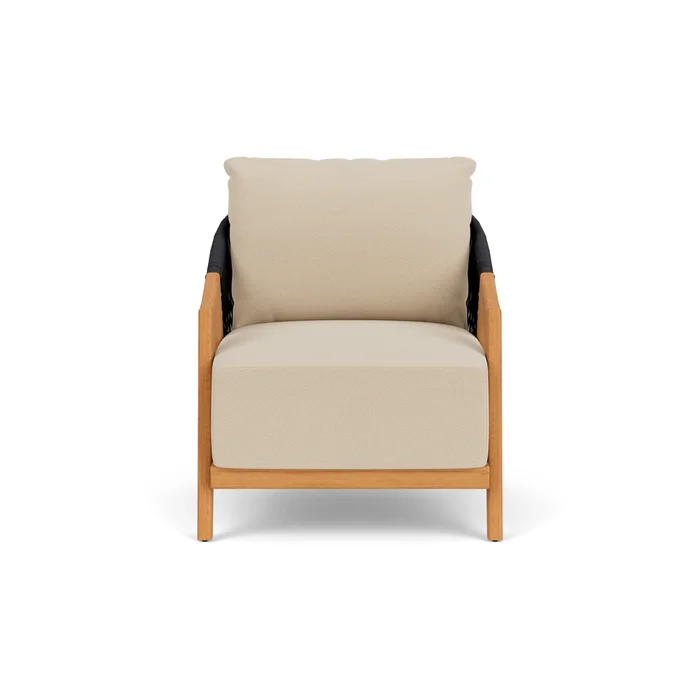 alpine lounge chair in natural teak finish with raindrop almond fabric grade b