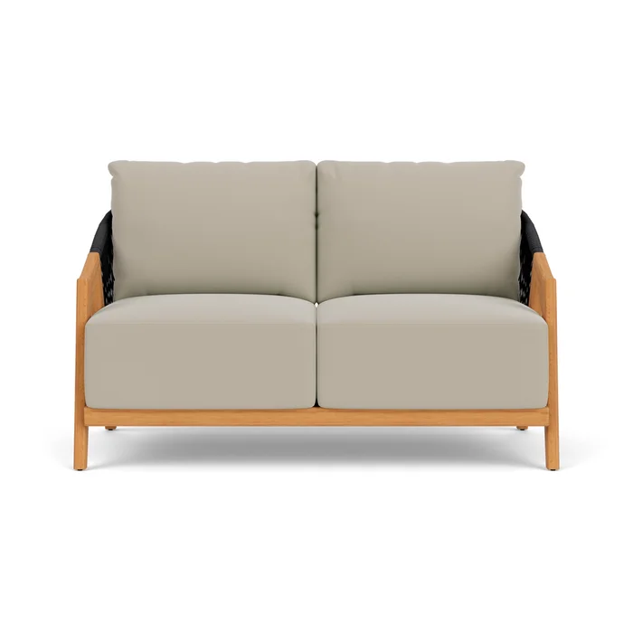 alpine loveseat in natural teak finish with callen driftwood fabric grade b
