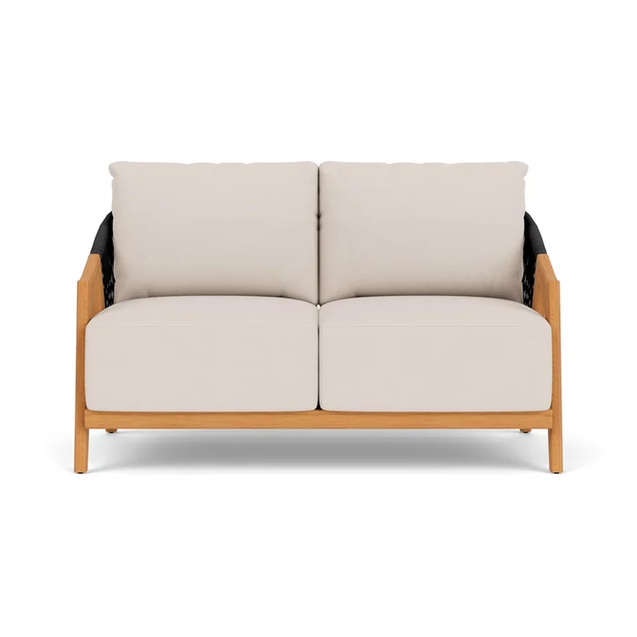 alpine loveseat in natural teak finish with canvas birds eye fabric grade a