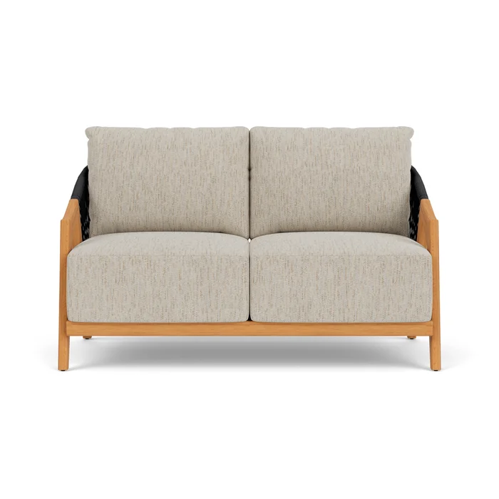 alpine loveseat in natural teak finish with charlotte sparrow fabric grade d