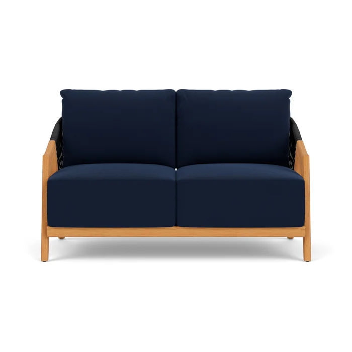 alpine loveseat in natural teak finish with decorline navy fabric grade a