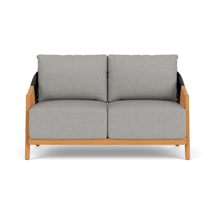 alpine loveseat in natural teak finish with demo stone fabric grade b