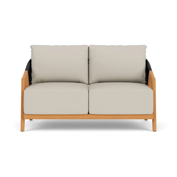 alpine loveseat in natural teak finish with fife fog fabric grade b