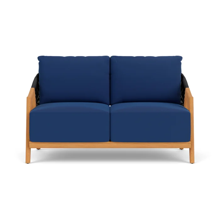 alpine loveseat in natural teak finish with flagship lapis fabric grade b