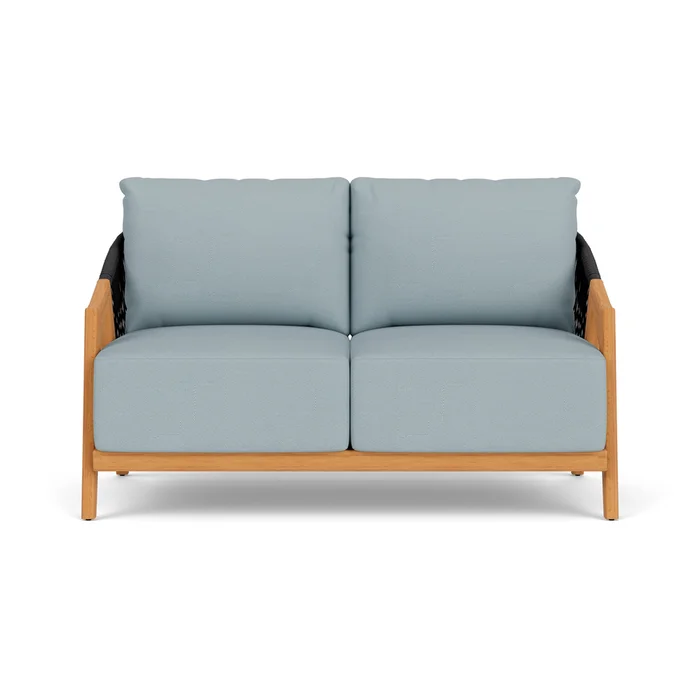 alpine loveseat in natural teak finish with kadogo lake fabric grade b