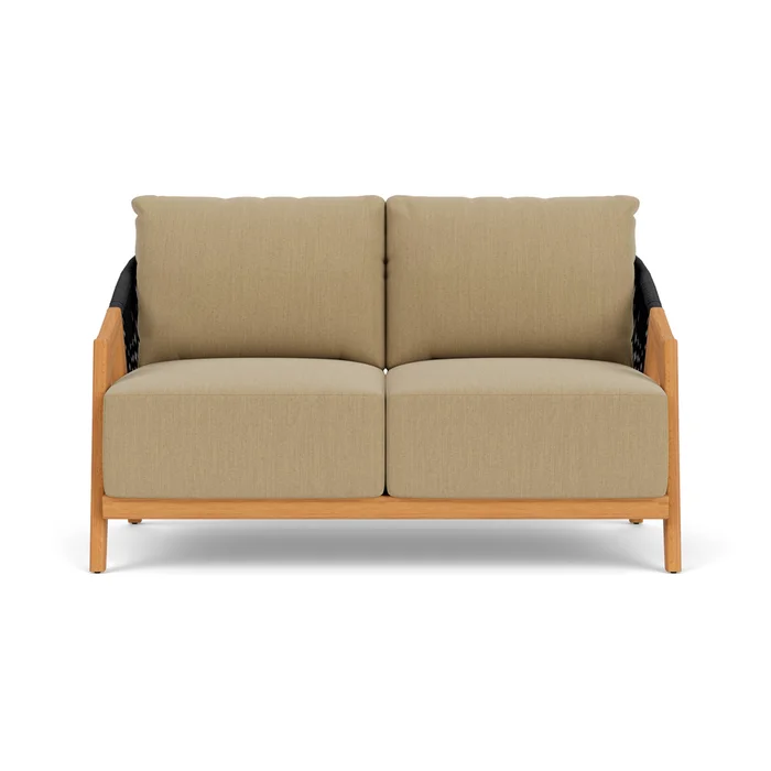 alpine loveseat in natural teak finish with loveboat saffron fabric grade a
