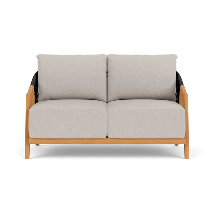 alpine loveseat in natural teak finish with remy cloud fabric grade b
