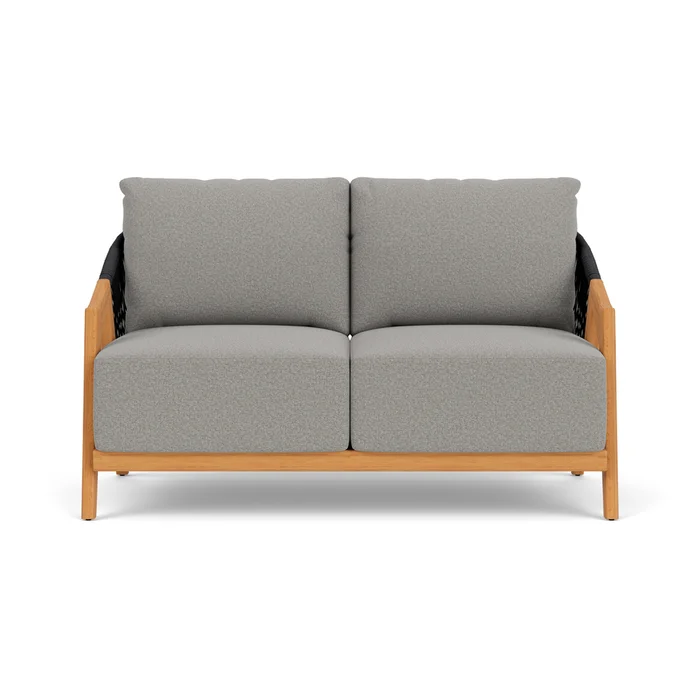 alpine loveseat in natural teak finish with rumba nickel fabric grade a