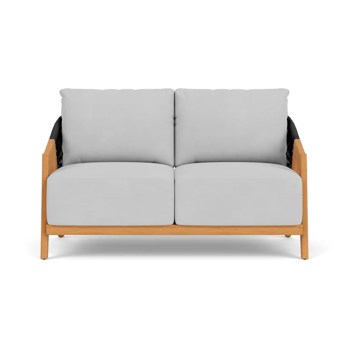 alpine loveseat in natural teak finish with sandberg dove fabric grade b