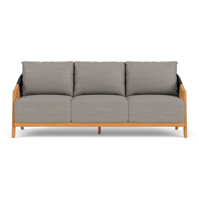 alpine sofa in natural teak finish with boten dark urban fabric grade c