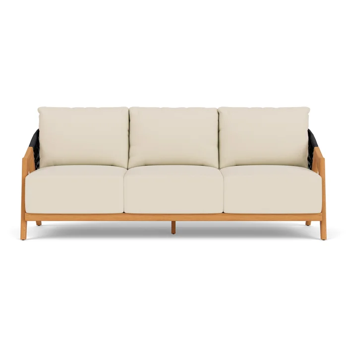 alpine sofa in natural teak finish with callen pearl fabric grade b