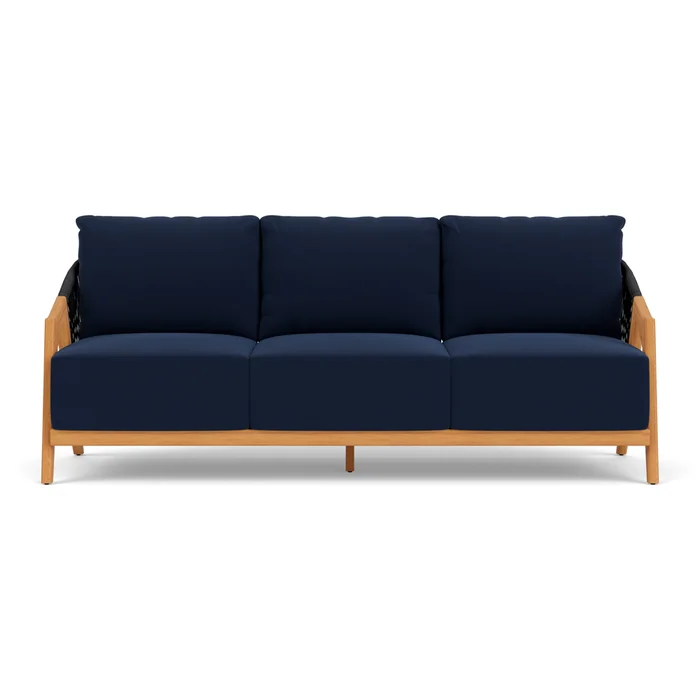 alpine sofa in natural teak finish with decorline navy fabric grade a