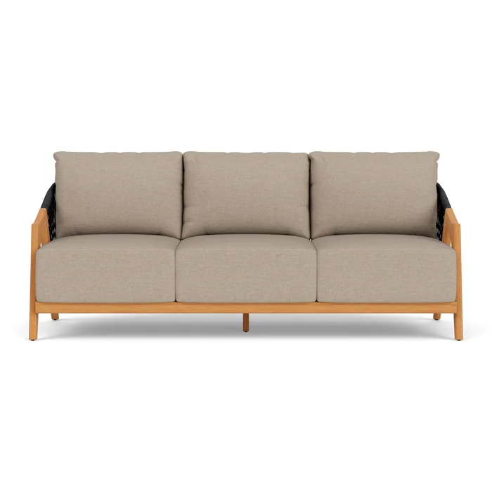 alpine sofa in natural teak finish with demo oatmeal fabric grade b