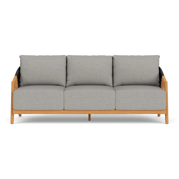 alpine sofa in natural teak finish with demo stone fabric grade b