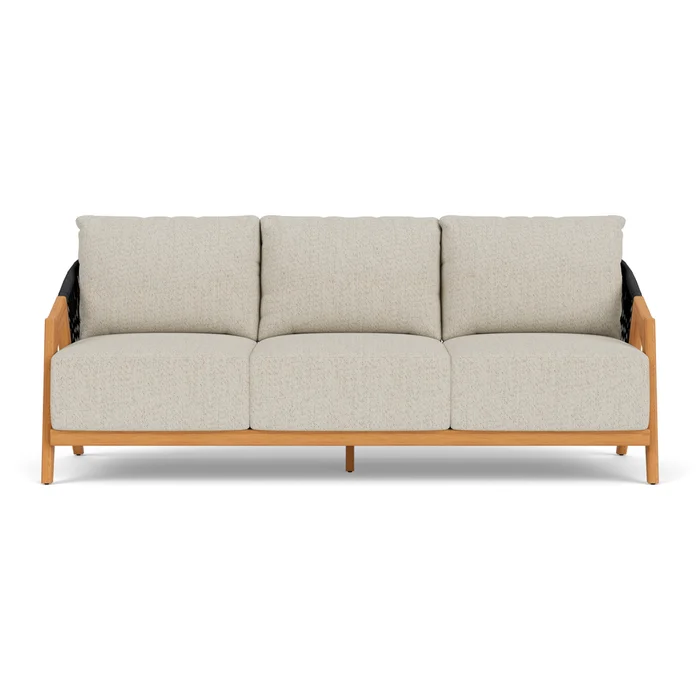 alpine sofa in natural teak finish with knotty mineral fabric grade c