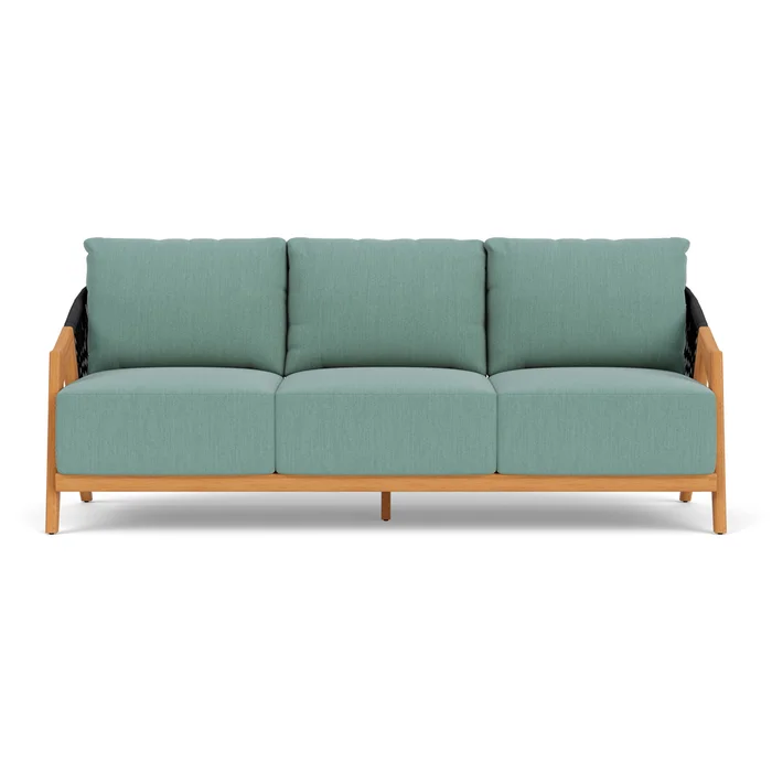 alpine sofa in natural teak finish with loveboat mint fabric grade a