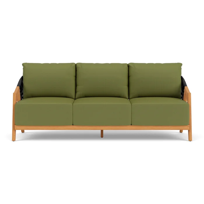 alpine sofa in natural teak finish with reflections grass fabric grade b