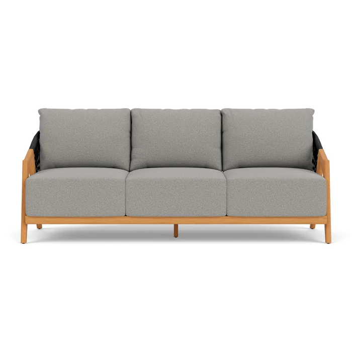 alpine sofa in natural teak finish with rumba nickel fabric grade a