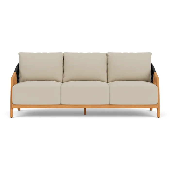alpine sofa in natural teak finish with rumba straw fabric grade a