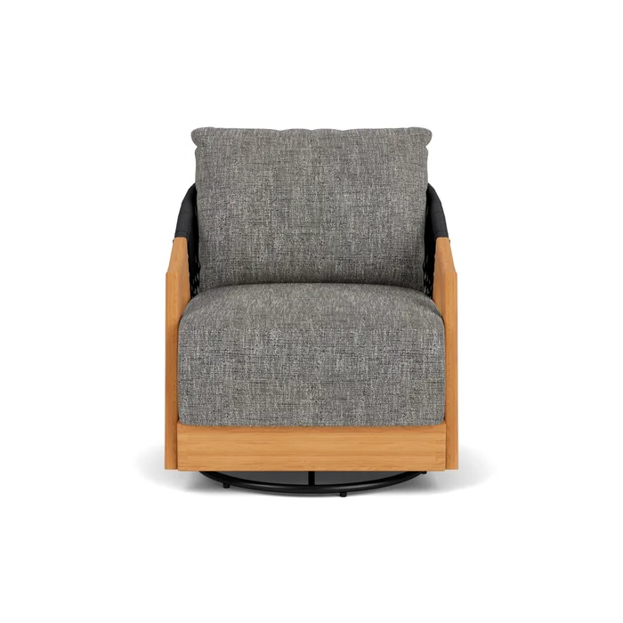 alpine swivel lounge chair in natural teak finish with black sand fabric grade b