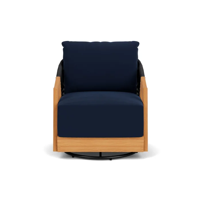 alpine swivel lounge chair in natural teak finish with decorline navy fabric grade a