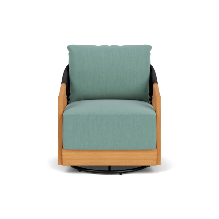 alpine swivel lounge chair in natural teak finish with loveboat mint fabric grade a