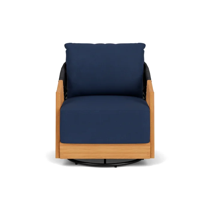 alpine swivel lounge chair in natural teak finish with sandberg navy fabric grade b