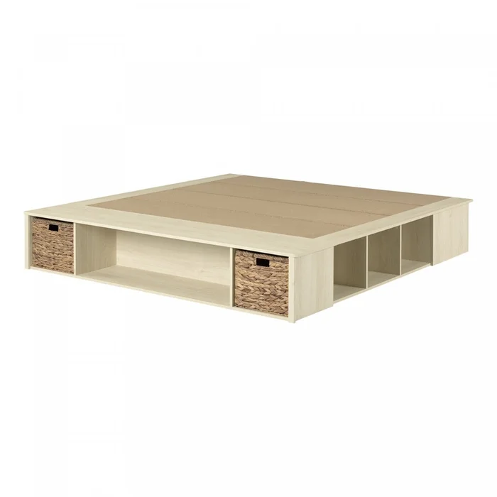 Avilla Storage Platform Bed With Wicker Baskets – Bleached Oak | Avilla Lit Avec Paniers De Rangement En Osier Inclus – Chene Blanchi