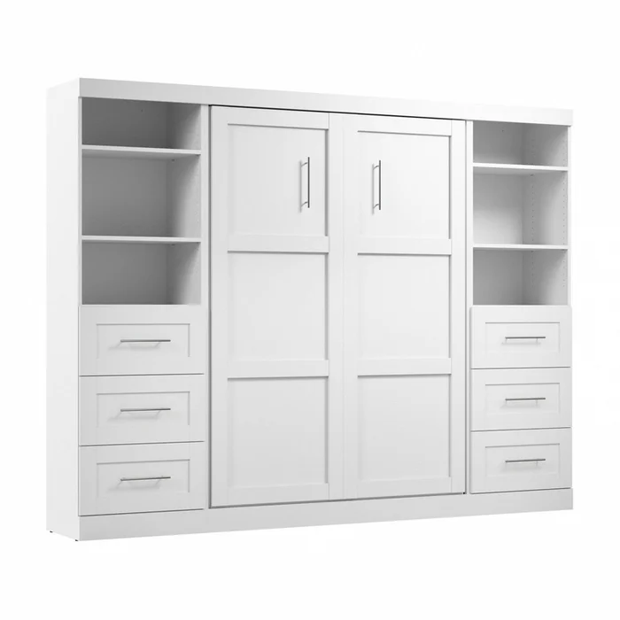 Bestar Pur Full Murphy Bed and Two Shelving Units with Drawers 109-Inch Wall Bed – White|Lit double escamotable mural Pur de Bestar de 109po avec 2meubles tablettes et tiroirs – blanc