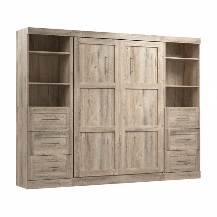 Bestar Pur Full Murphy Two Shelving Units with Drawers 109-Inch Wall Bed – Rustic Brown|Lit double escamotable mural Pur de Bestar de 109po avec 2meubles tablettes et tiroirs – brun rustique