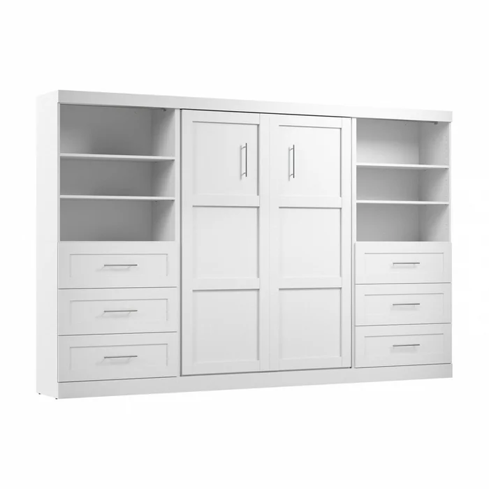 Bestar Pur Full Murphy Two Shelving Units with Drawers 131-Inch Wall Bed – White|Lit double escamotable mural Pur de Bestar de 131po avec 2meubles tablettes et tiroirs – blanc