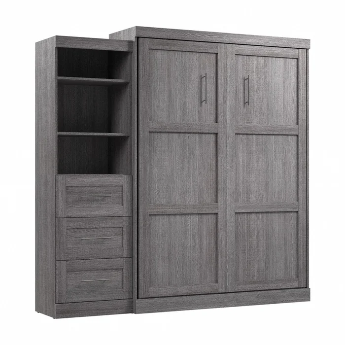 Bestar Pur Queen Murphy Bed and Shelving Unit with Drawers 90-Inch Wall Bed – Bark Grey|Grand lit escamotable mural Pur de Bestar de 90po avec tablettes et tiroirs – gris corce