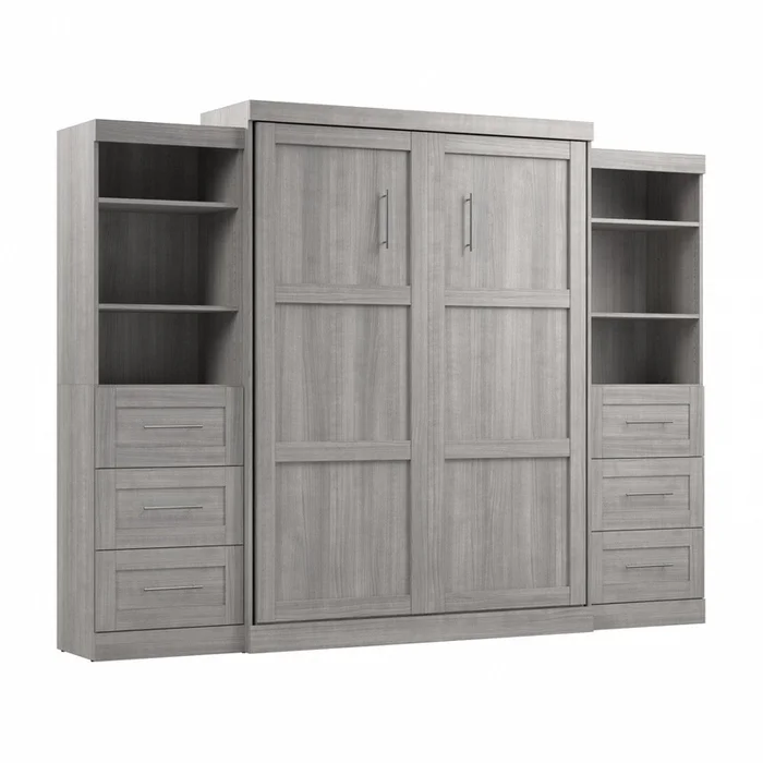 Bestar Pur Queen Murphy Bed and Two Shelving Units with Drawers (115 W) – Platinum Grey|Grand lit escamotable Pur de Bestar de 115po (L) avec 2meubles tablettes et tiroirs – gris platine