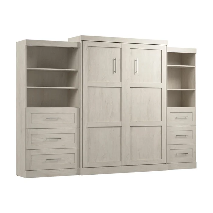 Bestar Pur Queen Murphy Bed and Two Shelving Units with Drawers (126 W) – Linen White Oak|Grand lit escamotable Pur de Bestar de 126po (L) avec 2meubles tablettes et tiroirs – blanc chne lin